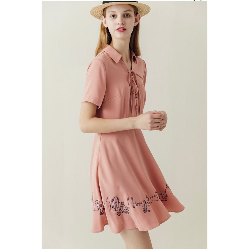 Miss Patina London Pink Cat London Skyline Lace Up Fit & Flare Dress Large NWT